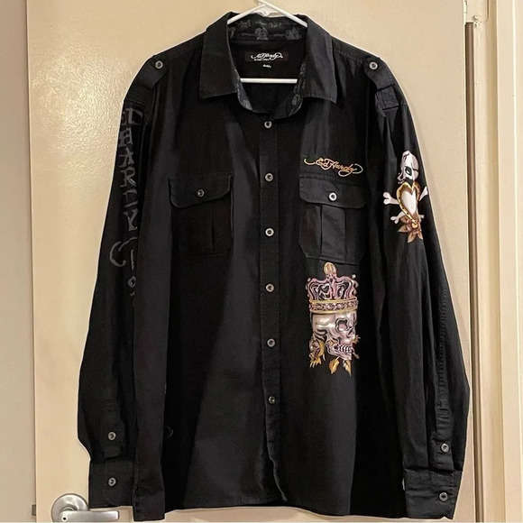 ED HARDY By CHRISTIAN AUDIGIER Long Sleeve Embroidered Button Down Shirt - Picture 1 of 11